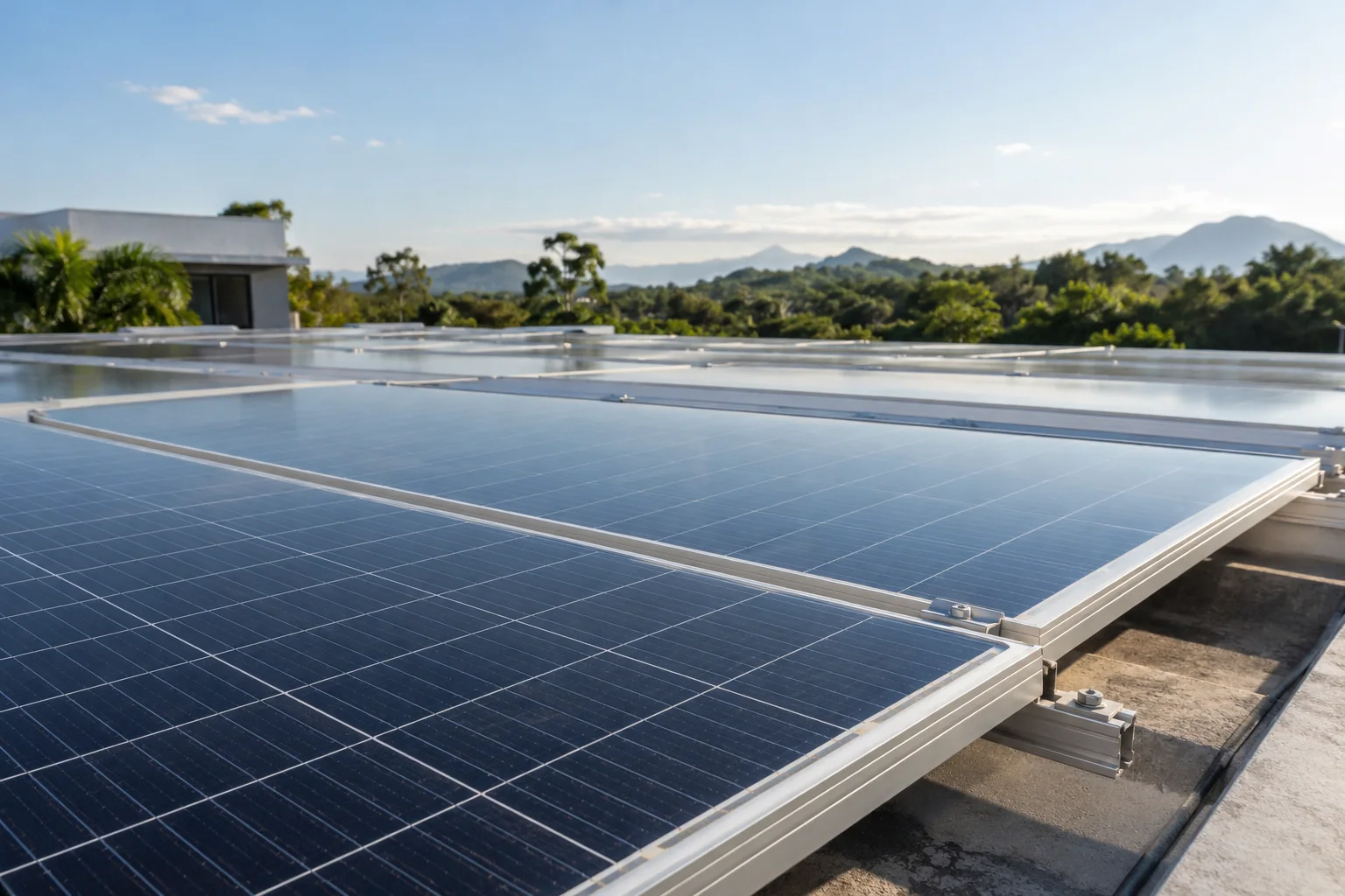 Detalhe ilustrativo dos módulos fotovoltaicos, com vidro e estrutura de alumínio sob luz natural