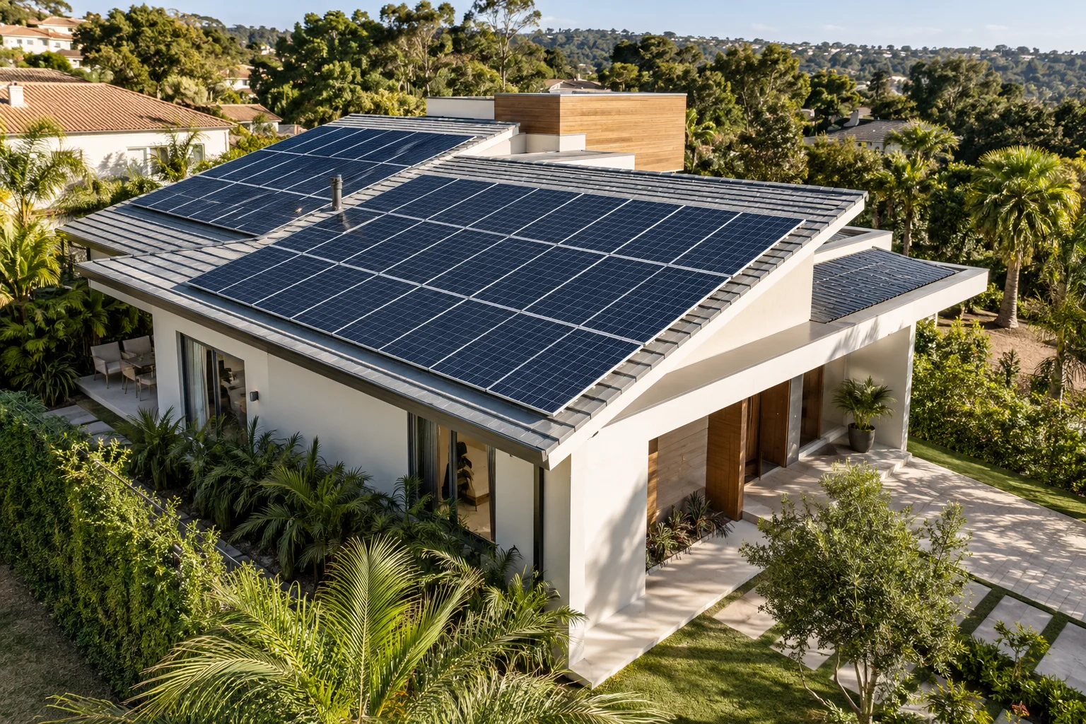 Casa brasileira ilustrativa com painéis solares sobre a cobertura e vegetação ao redor