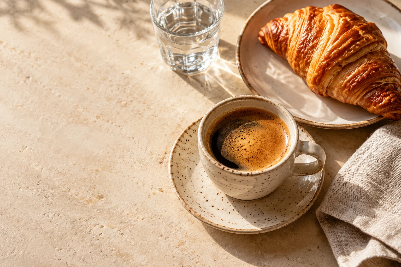 Composição ilustrativa de café espresso, croissant e água sobre uma mesa clara