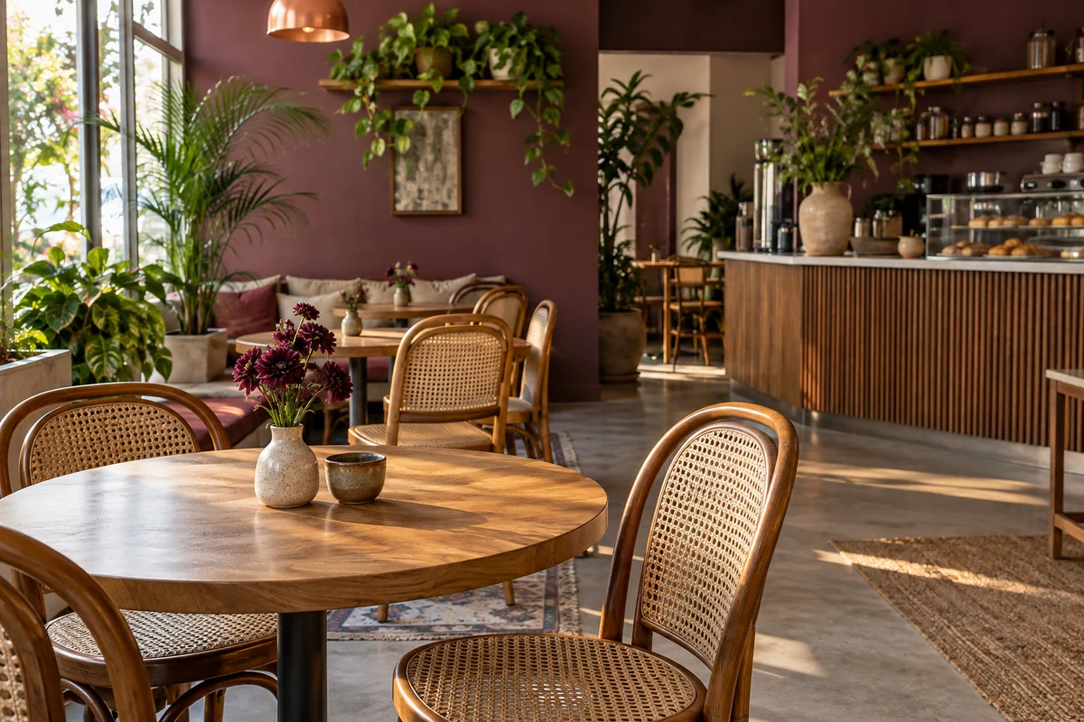 Interior ilustrativo de uma cafeteria com plantas, madeira e parede ameixa