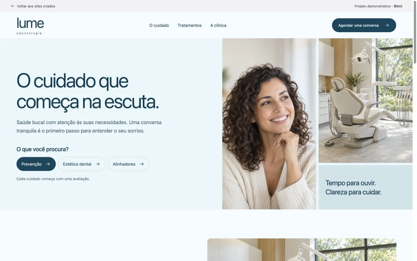Prévia do site demonstrativo Lume, de odontologia