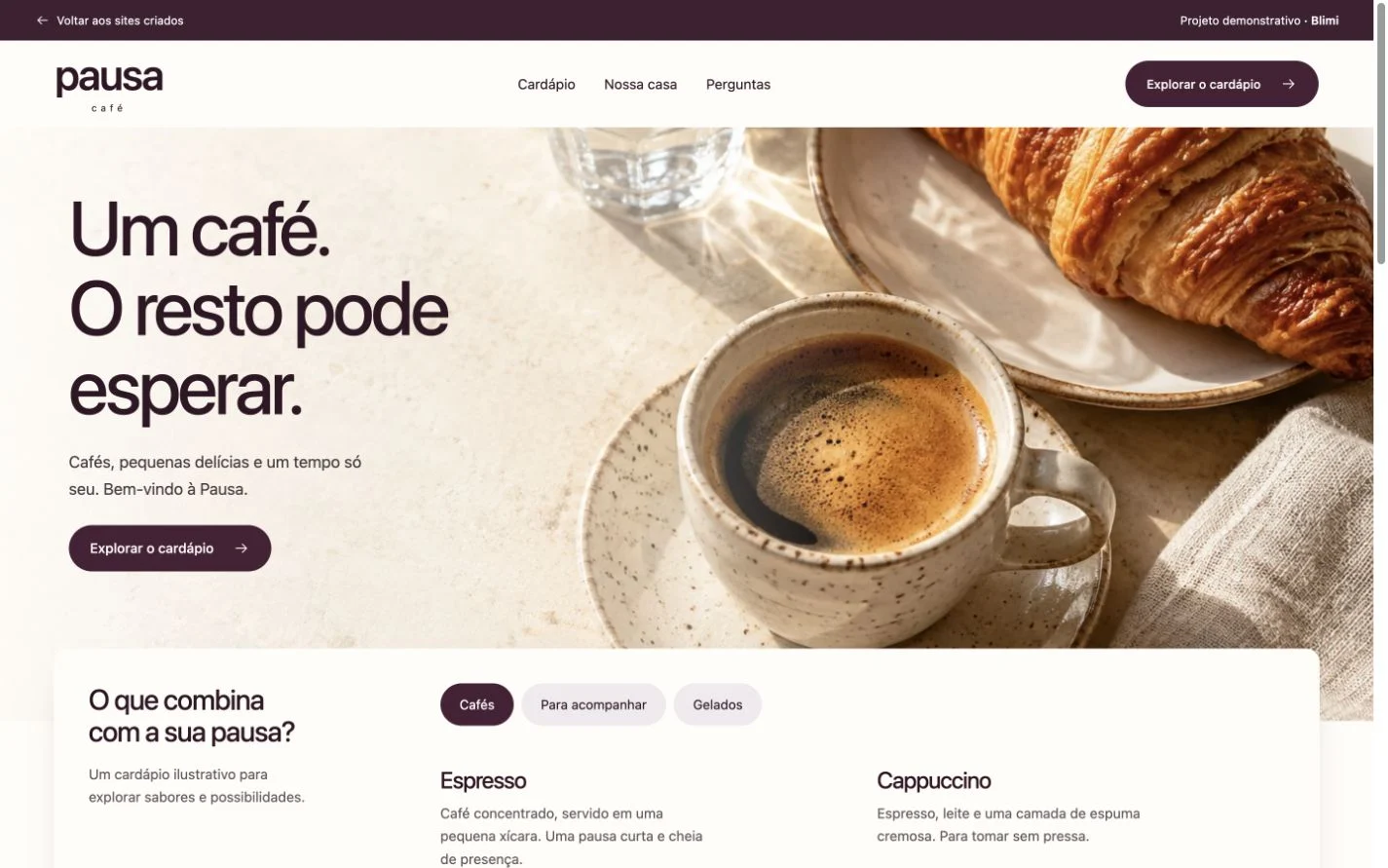 Prévia do site demonstrativo Pausa, de cafeteria