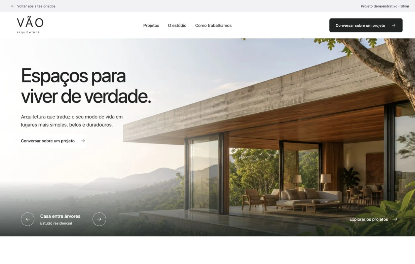 Prévia do site demonstrativo VÃO, de arquitetura
