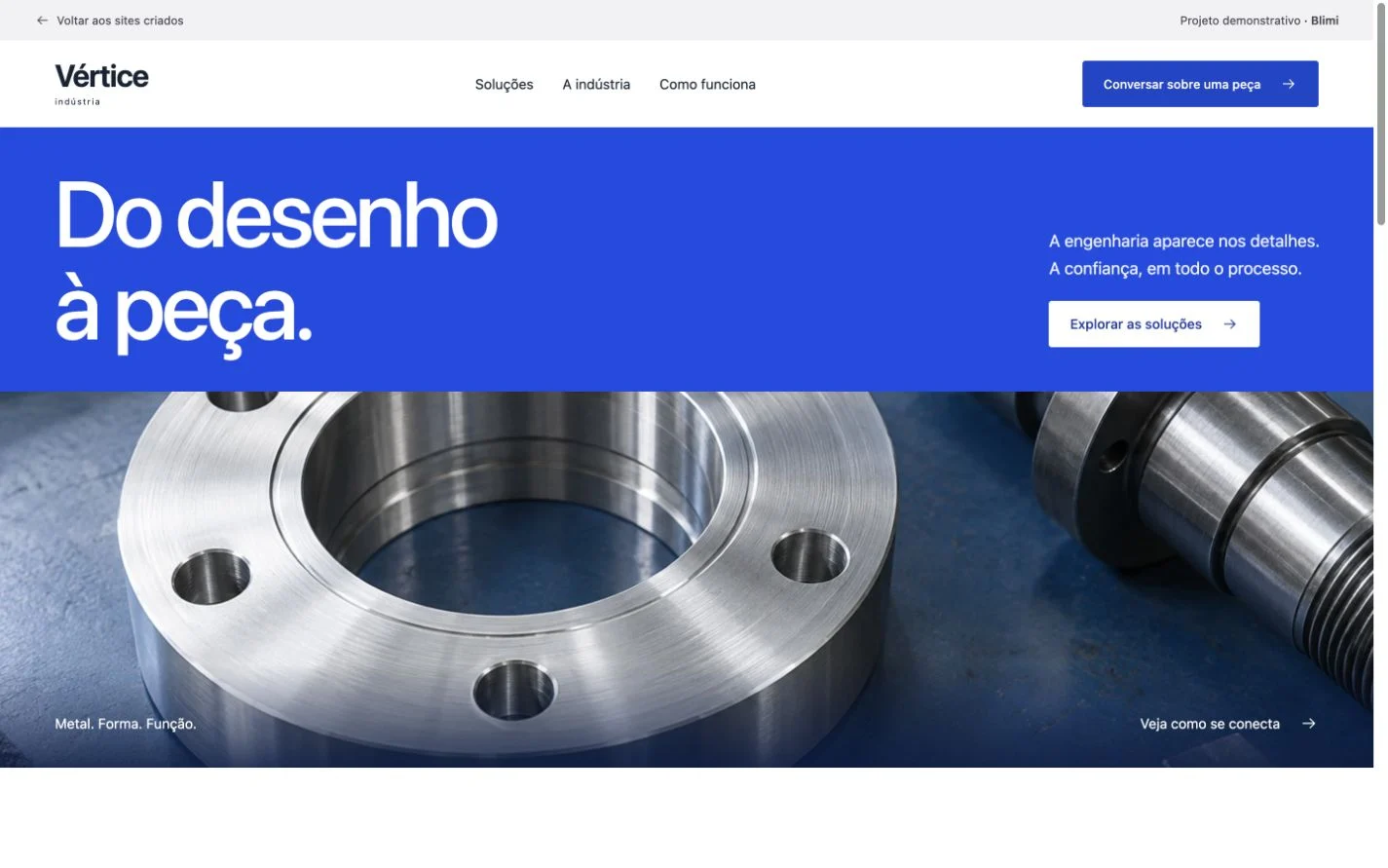 Prévia do site demonstrativo Vértice, de indústria