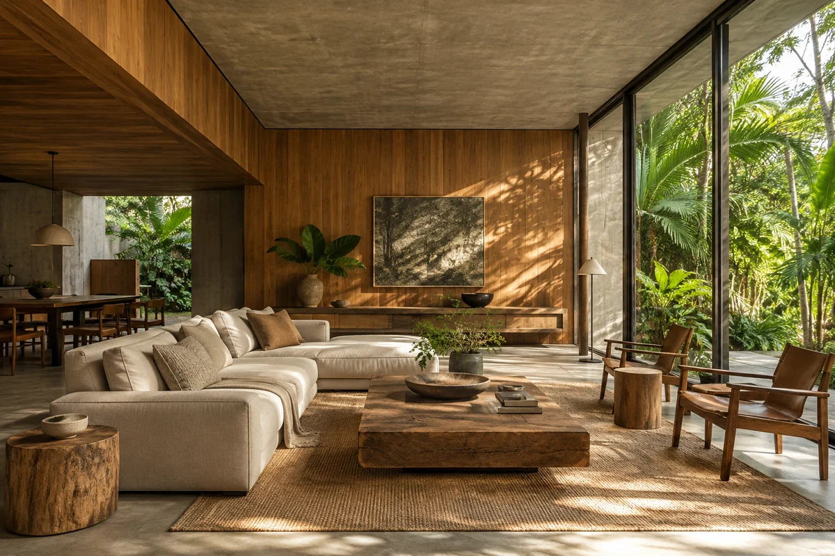 Estudo ilustrativo de uma sala integrada, com madeira e luz natural
