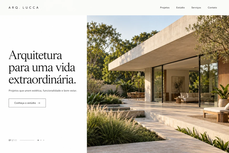 Estudo fictício de site para arquitetura; exemplo de direção visual da Blimi